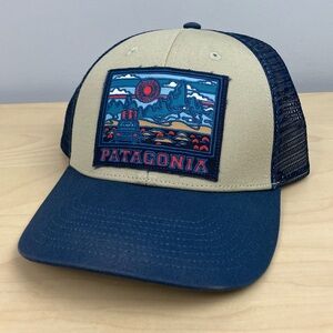 Patagonia Summit Road Lowpro Mesh Snapback Trucker Hat Blue Tan Patch Logo